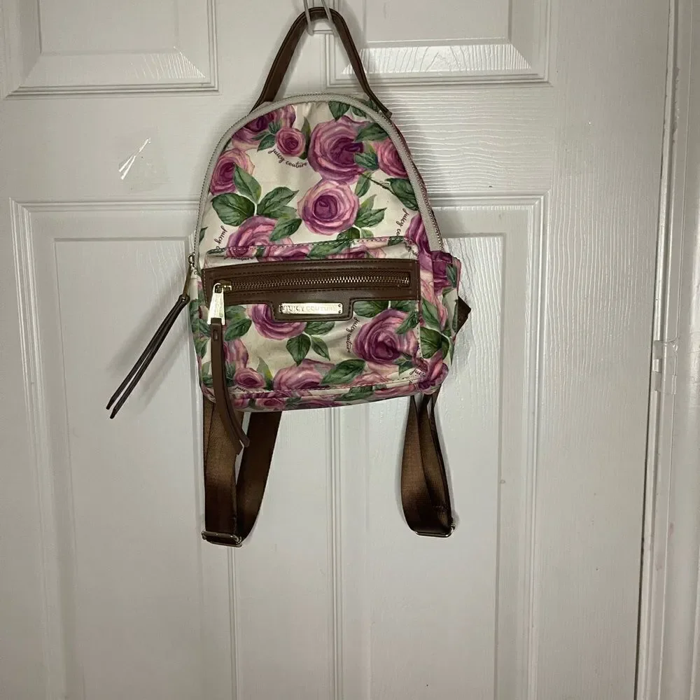 Juicy Couture Nylon mauve roses and green leaf prints mini backpack brown trims.